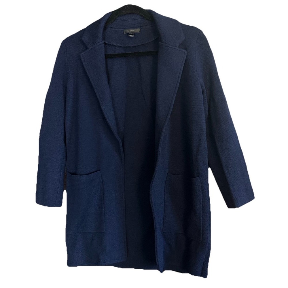 J Crew Merino Wool Knit Cardigan Coatigan Women XS Blue Long Sleeve Open Pockets
